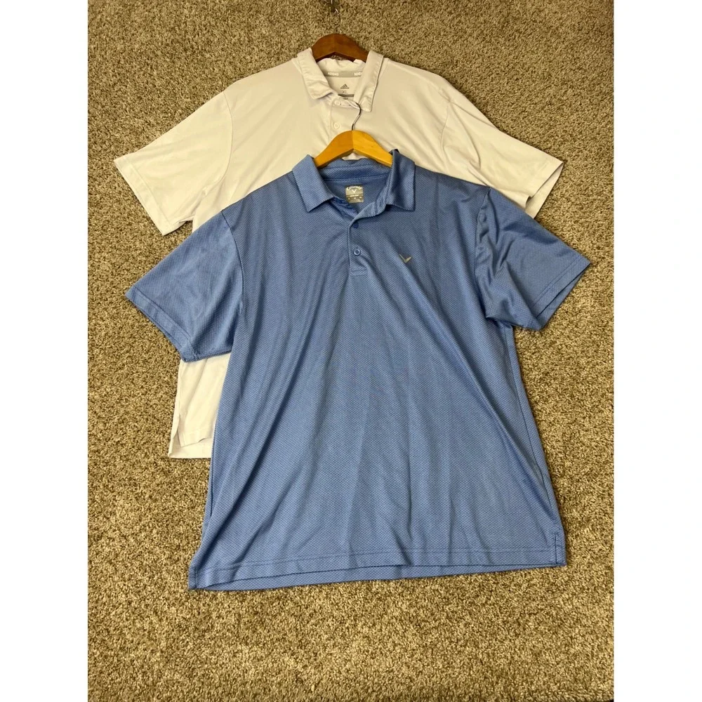 Adidas & Callaway Golf Polo Shirt Bundle Mens XL Blue White Opti-Dri Lot of 2
